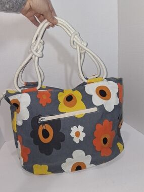 Floral Canvas Hobo Bag with Rope Handles - Gray/Yellow/Orange